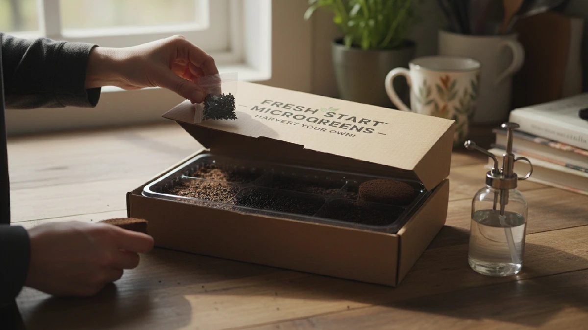 A beginner opens a microgreens kit on a kitchen counter, showing tray, seeds, and medium ready to start indoor gardening step by step.