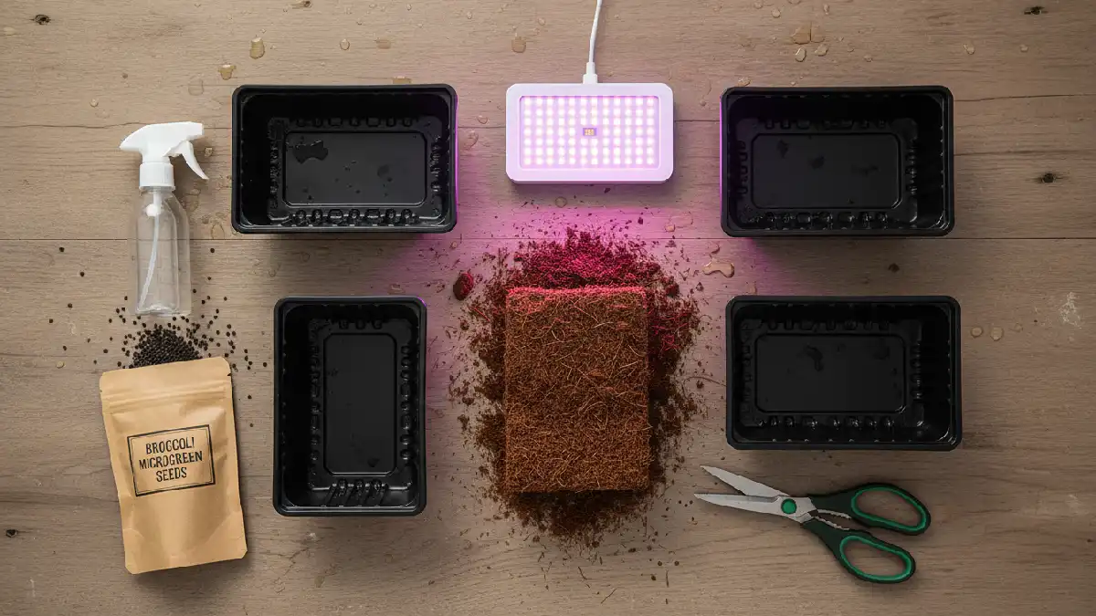Tools and supplies needed to grow broccoli microgreens at home
