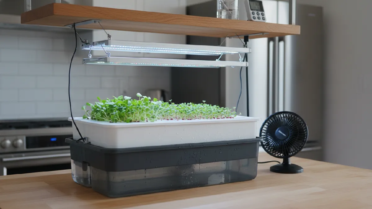 Top and bottom trays LED grow lights and small fan setup for hydroponic microgreens