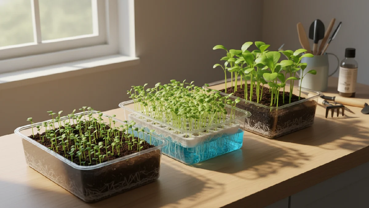 Soil tray with roots embedded naturally, hydroponic tray with roots dangling in clear nutrient water, hybrid tray combining soil and nutrient solution, leaves vibrant green, stems upright, sunlight highlighting trays, showing growth differences, nutrition, and cleanliness for beginners.