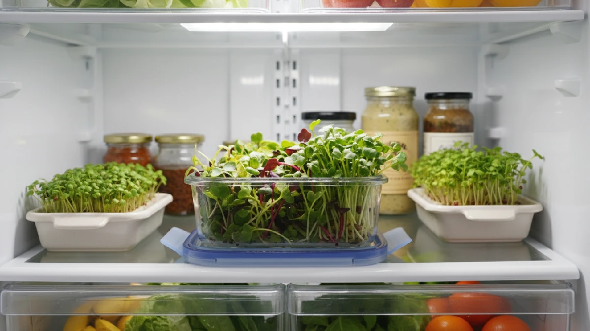 Fresh microgreens stored in a clean airtight container with vibrant, crisp leaves, fridge in background, showing beginner, friendly indoor storage setup maintaining freshness, flavor, and nutrients.