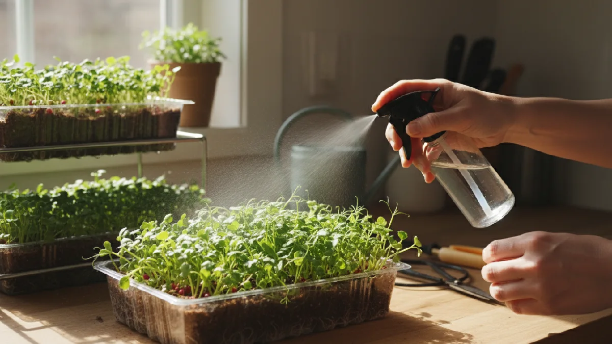 Hands misting microgreens gently in indoor trays, medium damp, roots hidden, leaves crisp, sunlight shining, demonstrating proper beginner-friendly watering routine for healthy indoor microgreens. 