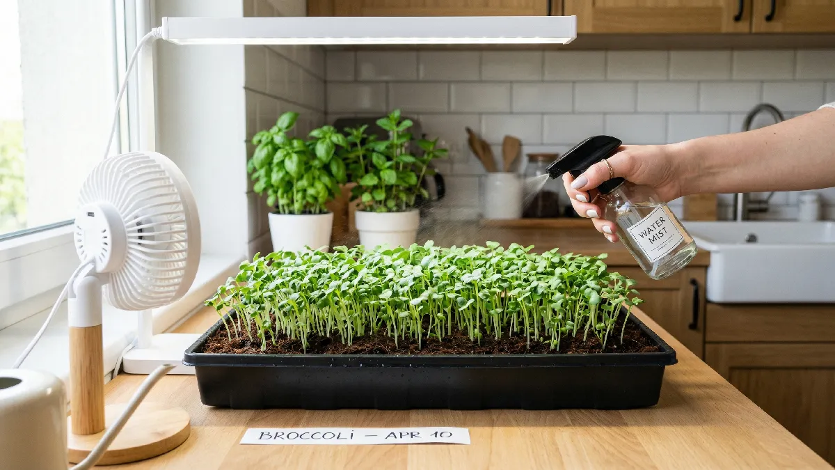 Microgreens being misted gently with a spray bottle in shallow tray, tiny green shoots upright, clean indoor setup, showing watering tools and proper care.