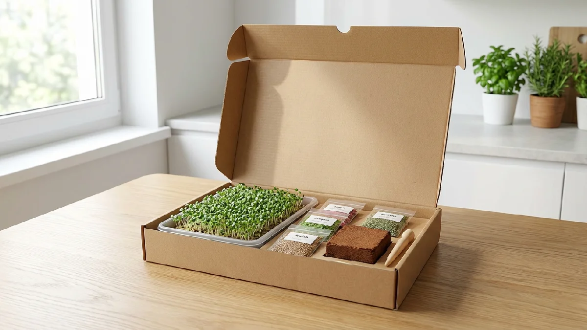 Open microgreens grow kit box with tray, seeds, and growing medium showing tiny sprouts beginning to grow, illustrating a simple, beginner-friendly, indoor gardening setup for fresh greens.