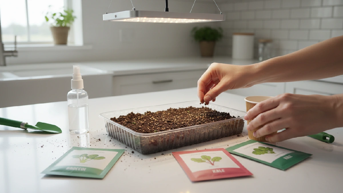 Indoor microgreens setup on a kitchen counter with shallow trays, soil, seed packets, spray bottle, and sunlight or LED grow light, demonstrating all essential items needed for easy and beginner-friendly home gardening.