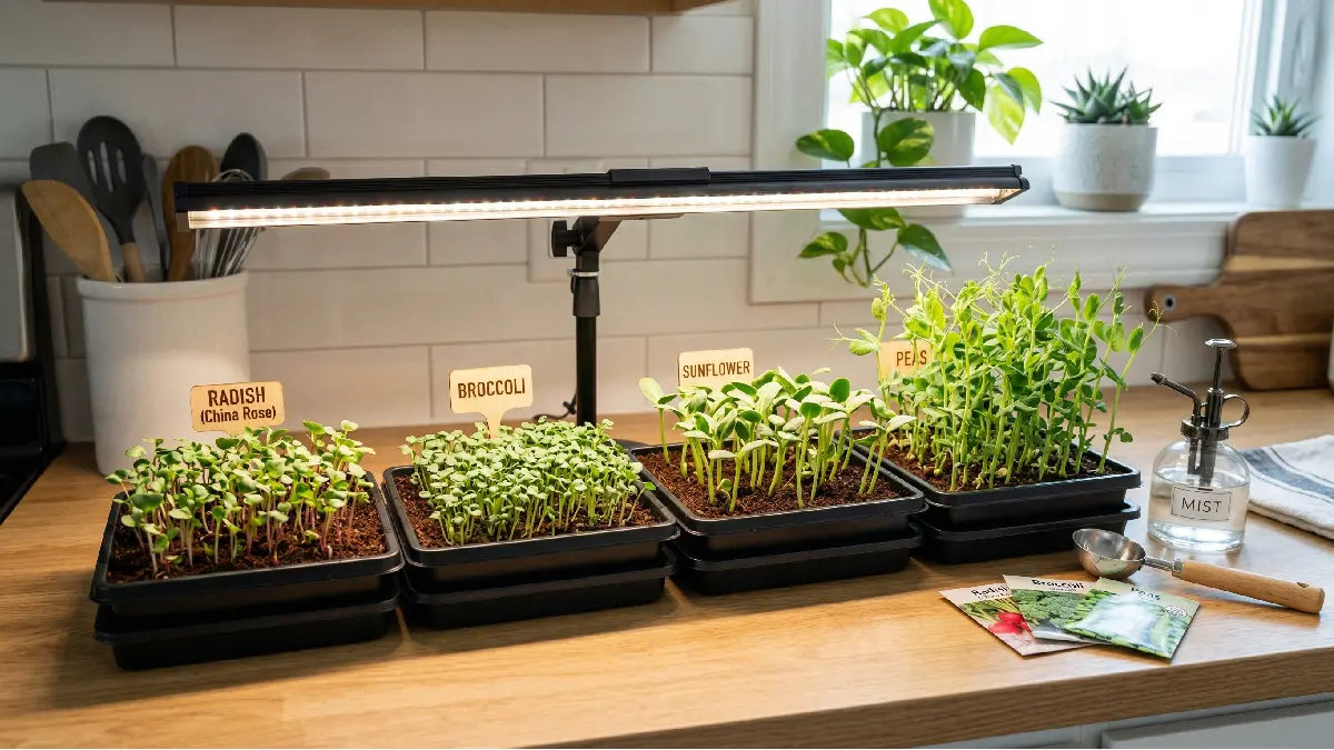 Shallow microgreens trays with seeds on moist medium, spray bottle nearby, LED lights above, clean compact indoor setup, showing essential tools to start growing microgreens.