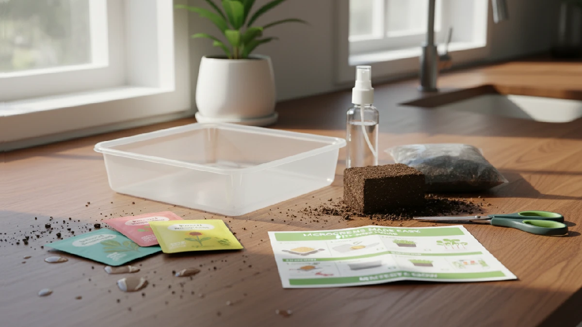 A complete setup including tray, seeds, soil or cocopeat, spray bottle, scissors, and instructions for Microgreens Grow Kits, perfect for beginners to start indoor gardening.