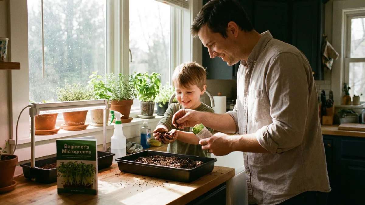 Parent and child using a microgreens grow kit indoors, scattering seeds into a tray and watching sprouts grow, demonstrating beginner-friendly indoor gardening suitable for all ages, engaging, and educational. 