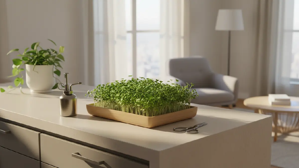 Tray of broccoli microgreens growing on a small apartment kitchen counter