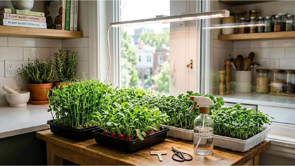 Vibrant microgreens growing indoors on a sunny windowsill in a clean, compact home gardening setup.