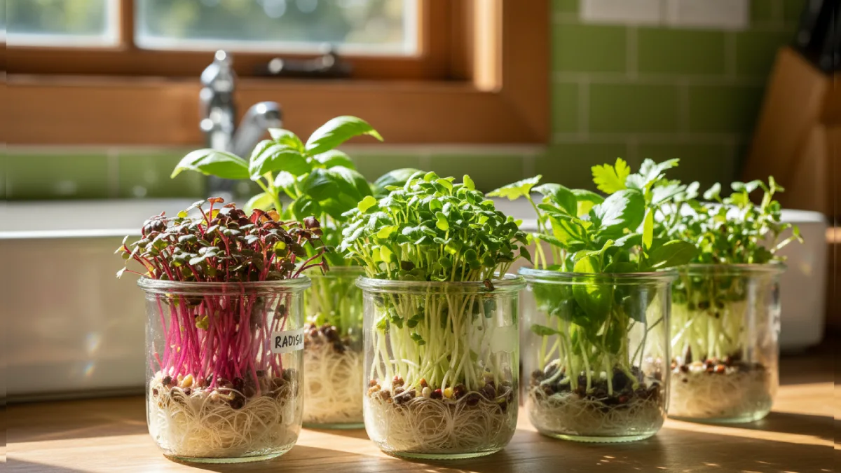 Glass jars with microgreens such as radish, broccoli, and herbs growing on a sunny kitchen counter, showing roots, tender leaves, compact indoor gardening, and beginner, friendly setup.