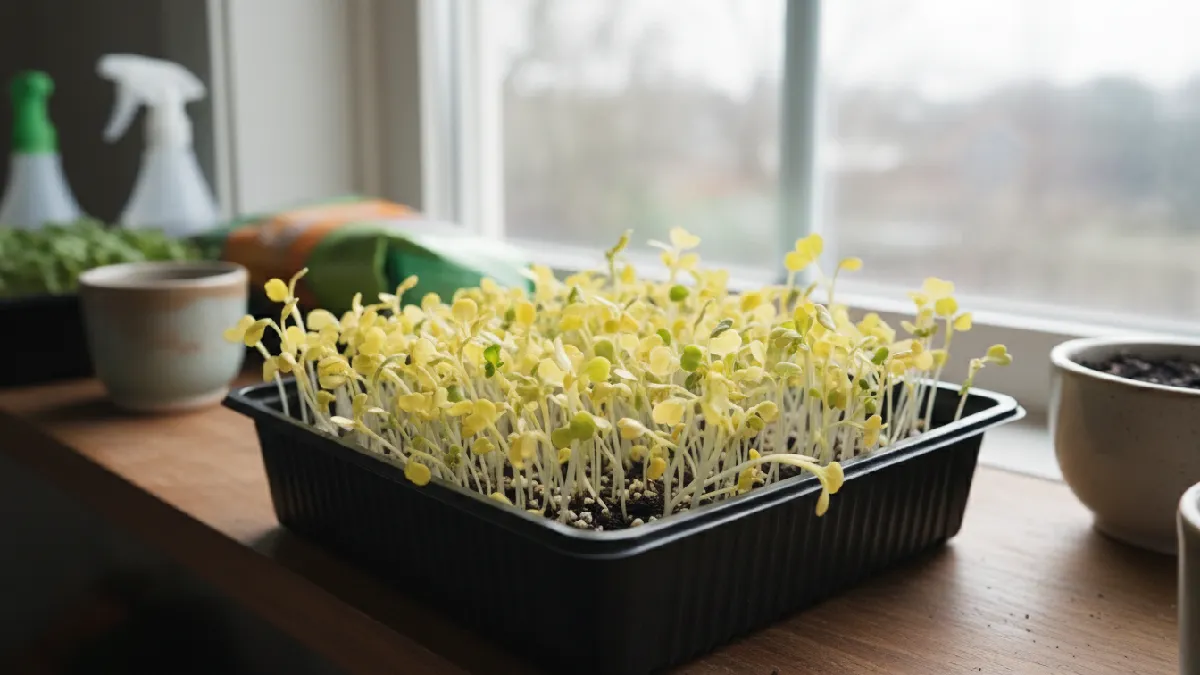 Broccoli microgreens with yellow leaves caused by weak light or nutrient issues