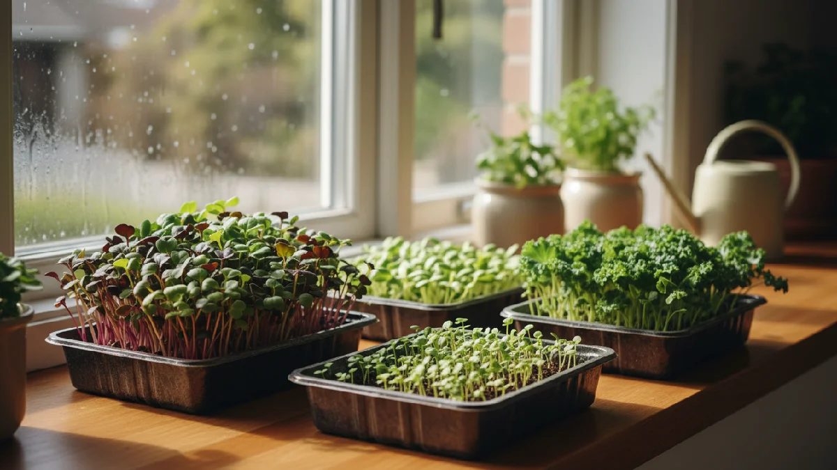 Microgreens trays showing different growing times, with fast, growing radish and broccoli ready for harvest, and slower sunflower and kale still developing indoors on a sunny kitchen windowsill. 