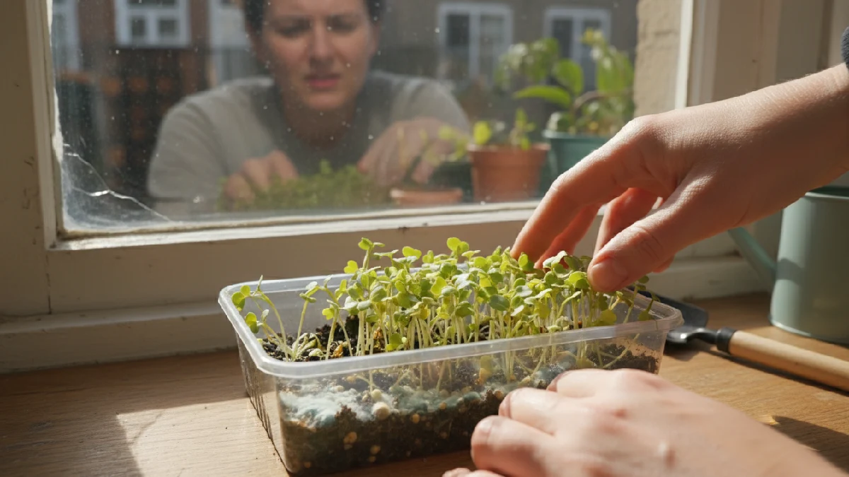 Tray of microgreens with some yellowing leaves and small mold patches, sunlight hitting the tray, indoor gardening setup, beginner checking plants, showing common growing issues.