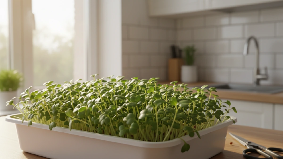 Fresh indoor microgreens ready for harvest in a shallow tray after 7 to 14 days, showing small green true leaves under natural window light in a home kitchen setup. 