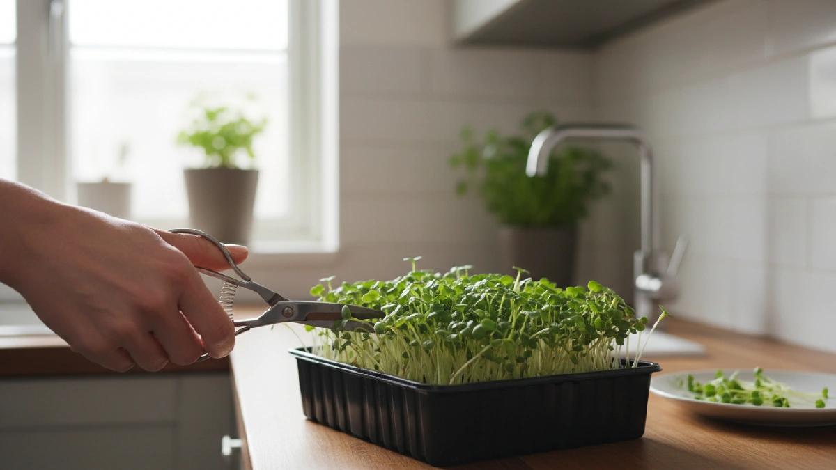 Small scissors carefully cut fresh microgreens above the soil in a shallow tray on a kitchen counter, showing safe and easy harvesting tools.