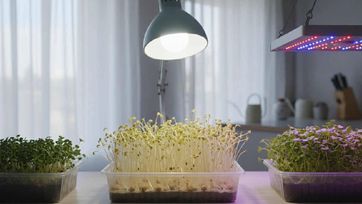 Tray of indoor microgreens with thin, pale stems due to weak light, showing stretched growth. Nearby windows and LED lights illustrate proper lighting solutions for beginners. 