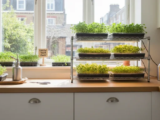 Indoor kitchen scene showing multiple trays of fresh microgreens growing on a counter and windowsill with sunlight, LED lights, spray bottle, and scissors, representing easy home microgreens gardening for beginners.