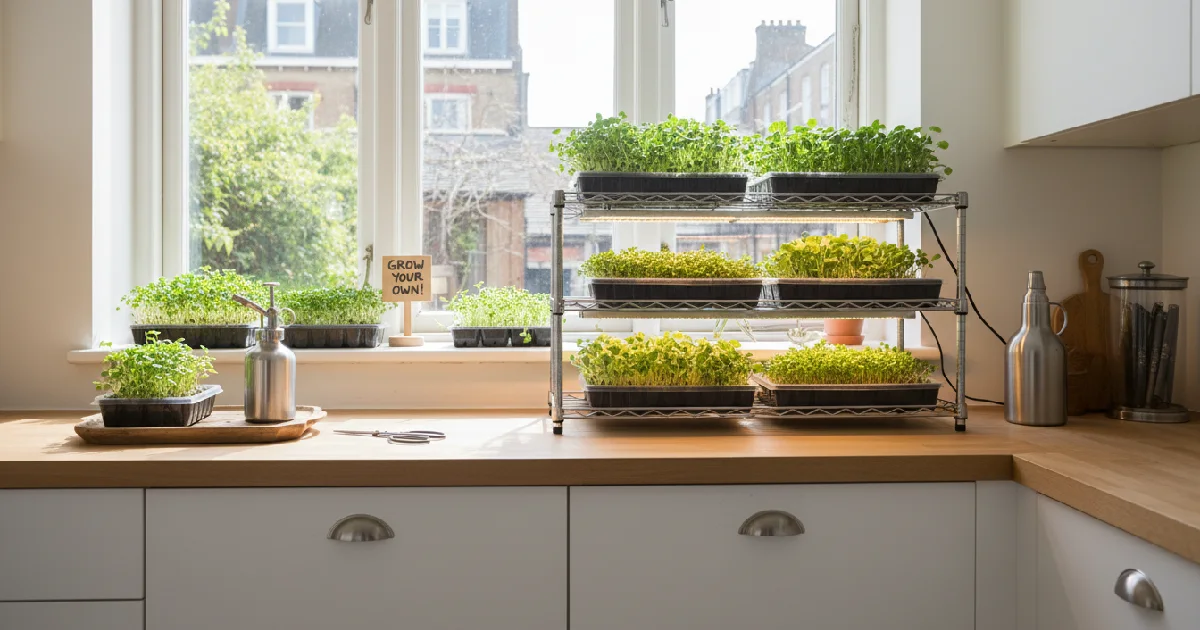Indoor kitchen scene showing multiple trays of fresh microgreens growing on a counter and windowsill with sunlight, LED lights, spray bottle, and scissors, representing easy home microgreens gardening for beginners.