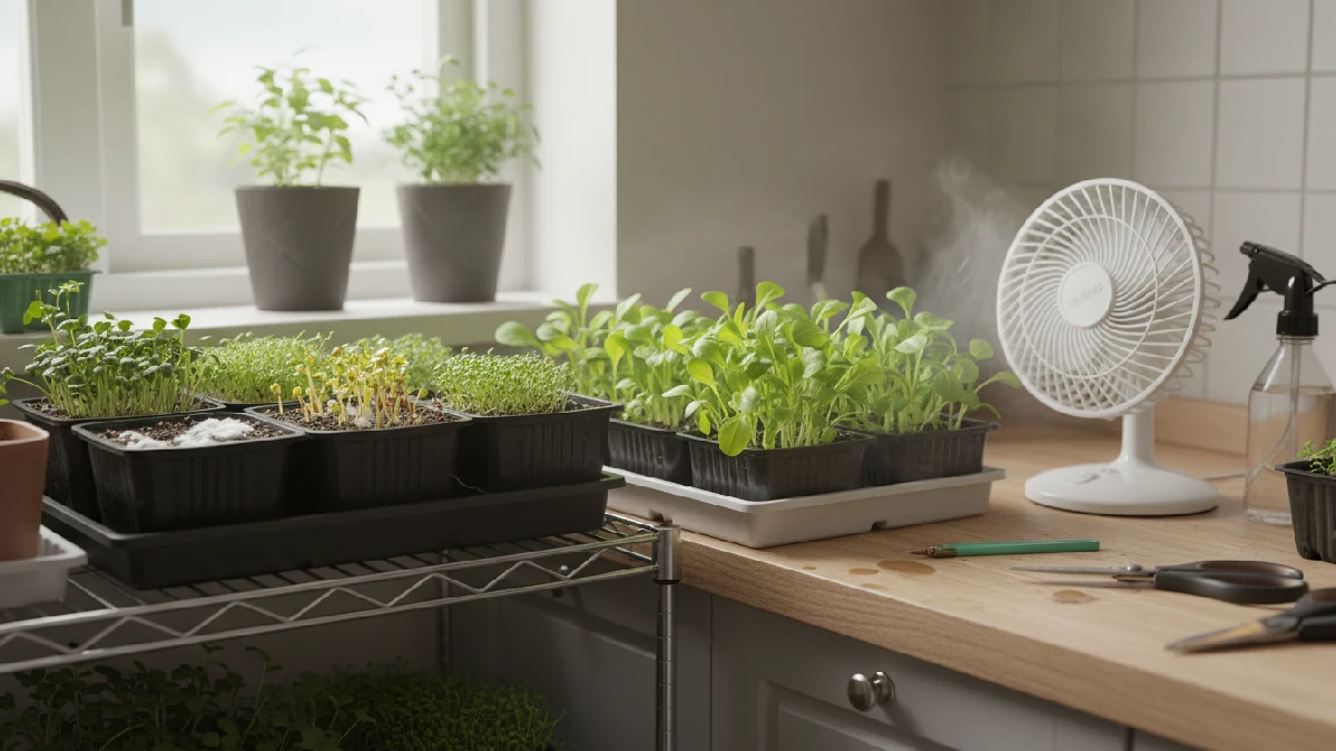 Indoor microgreens trays showing droopy leaves and mold from poor air circulation, compared with healthy airflow, improving the best microgreens to grow indoors. 