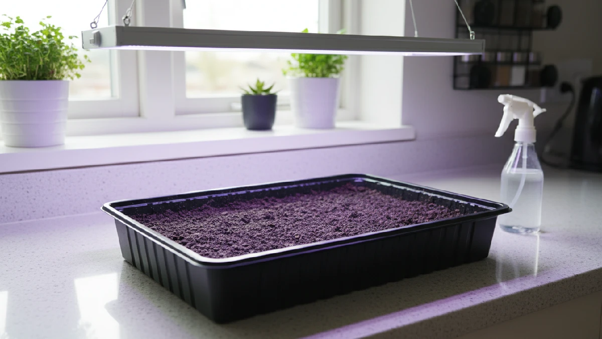 Shallow microgreens growing tray filled with soil or coco coir and placed near sunlight and LED light on a counter, showing a simple indoor growing setup suitable for beginners in small spaces.