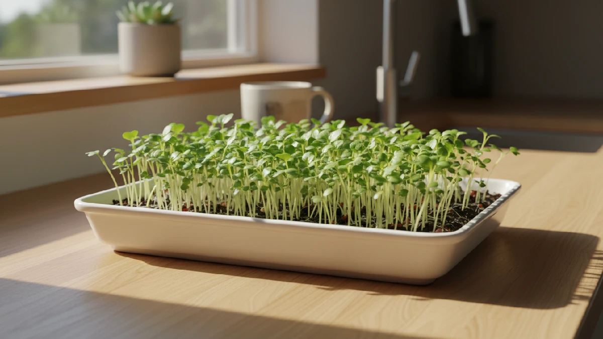 Radish microgreens in a shallow tray with bright green leaves and thin, crisp stems, ready for harvest indoors. 