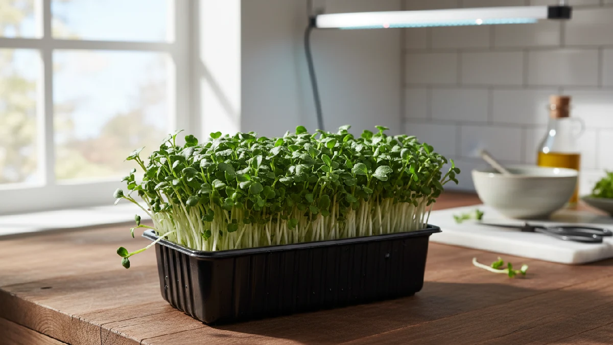 Broccoli microgreens in a tray with dark green leaves and firm stems, growing indoors and ready to harvest. 