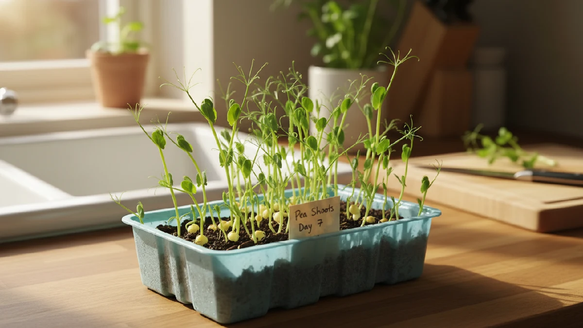 Pea shoots growing indoors in a tray, showing tender green leaves and crisp stems, ready for harvesting. 