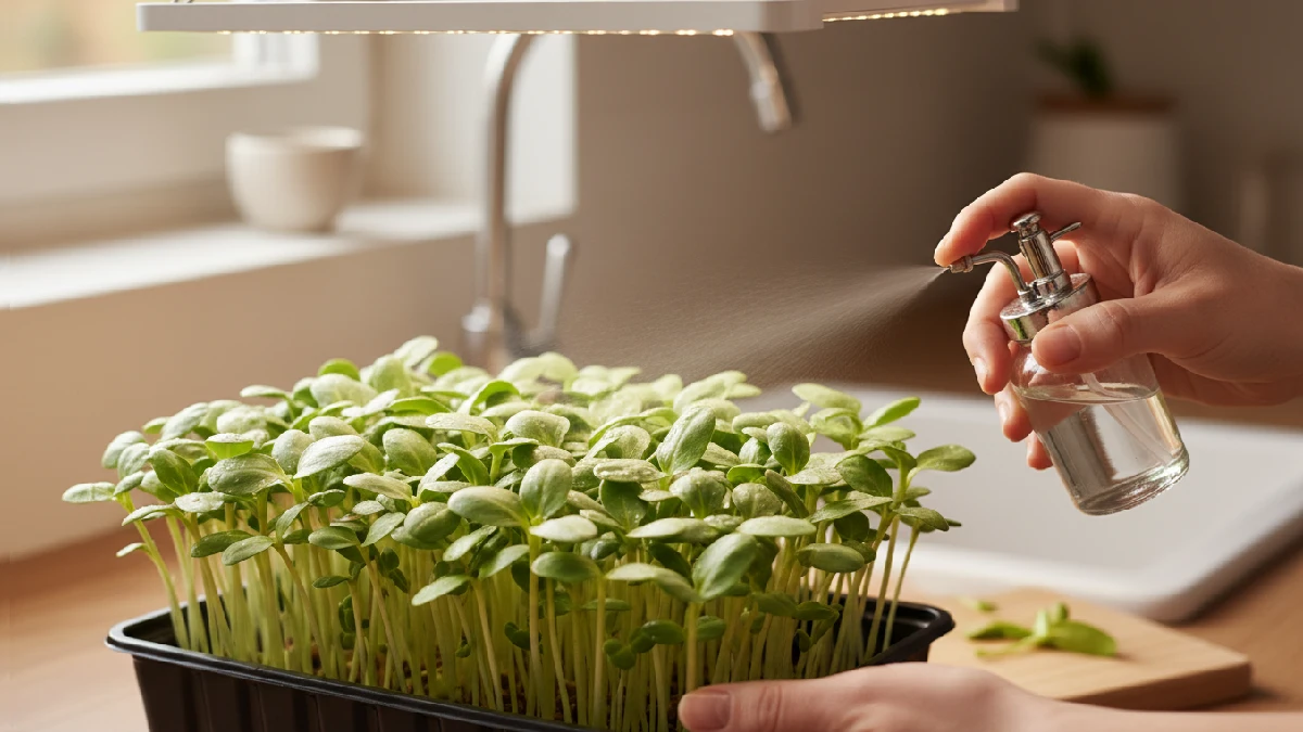 Sunflower microgreens with thick stems and bright green leaves in a tray indoors, ready for harvest. 