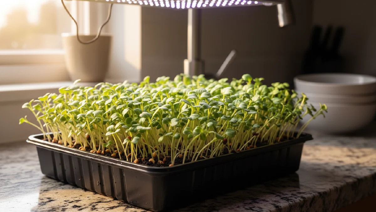 Mustard microgreens in a shallow tray with tiny green leaves, grown indoors, ready to harvest and add flavor. 