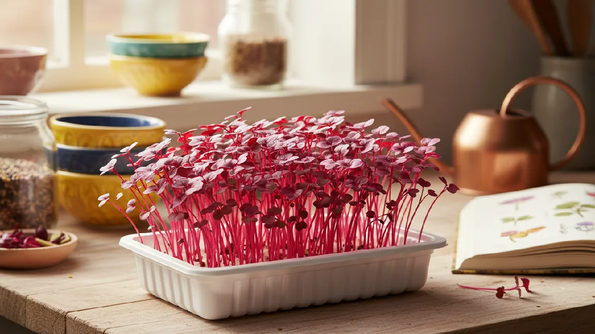 Amaranth microgreens with bright pink stems and deep magenta leaves growing indoors in a small tray, showing delicate shoots, vibrant colors, and packed nutrients, perfect for homegrown fresh garnishing and healthy meals. 
