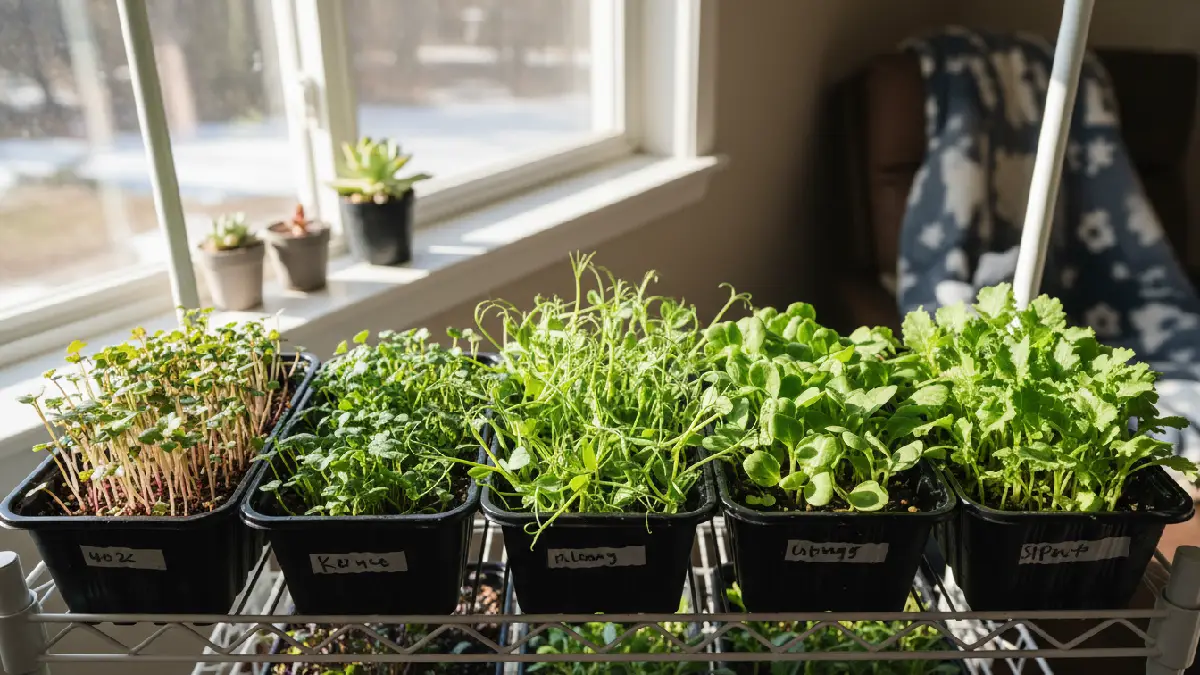 Beginner-friendly microgreens varieties including radish, broccoli, pea shoots, sunflower, and mustard greens growing indoors in trays with natural light. 