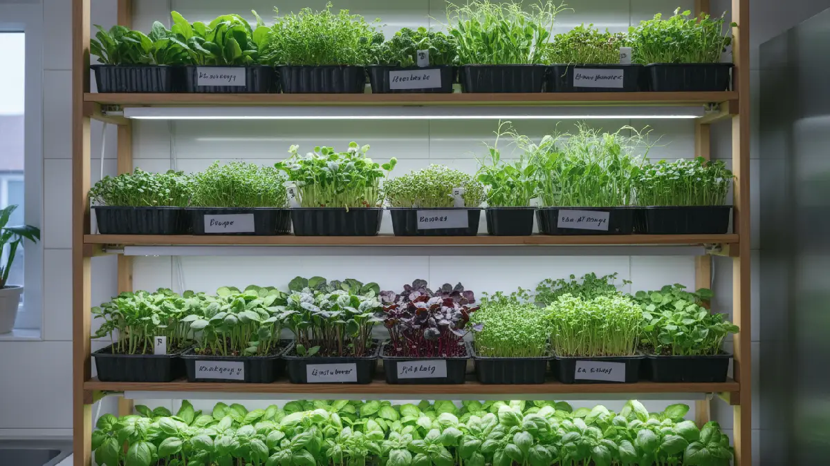A variety of indoor microgreens growing on kitchen shelves, including radish, broccoli, pea shoots, sunflower, kale, beet, and basil, highlighting fresh leaves, easy indoor care, and high nutrition for beginners. 