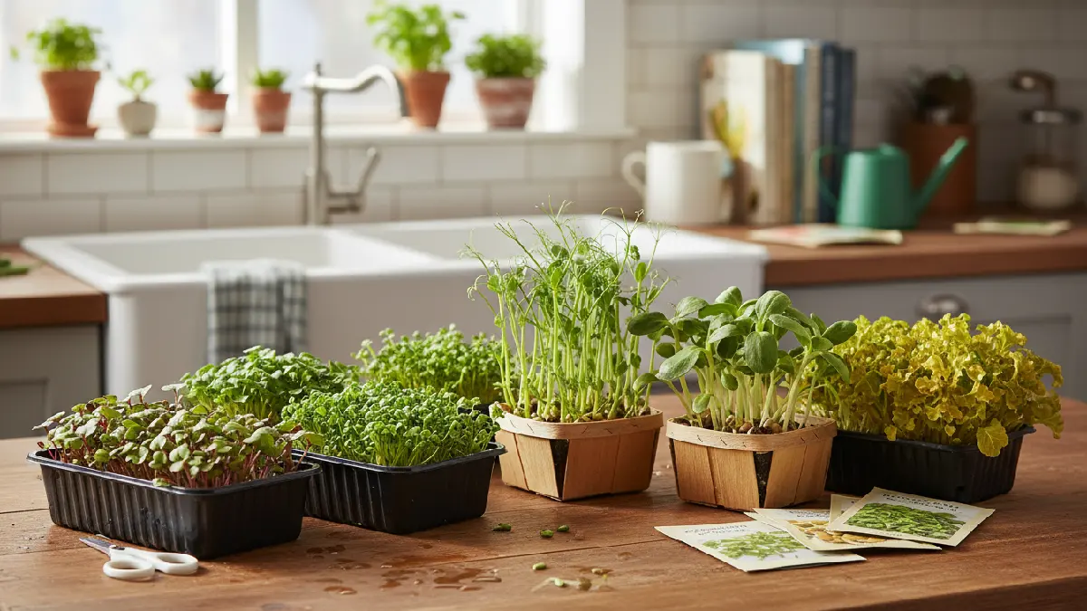 Beginner-friendly microgreens growing indoors in small trays: radish, broccoli, pea shoots, sunflower, and mustard greens with vibrant green leaves, ready for harvest. 