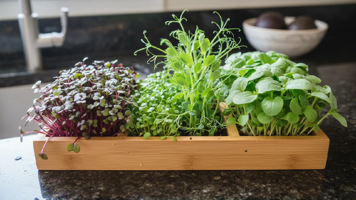 A variety of microgreens including radish, broccoli, pea shoots, and sunflower growing in a tray; small leaves, thick stems, different colors and textures, ready to harvest.