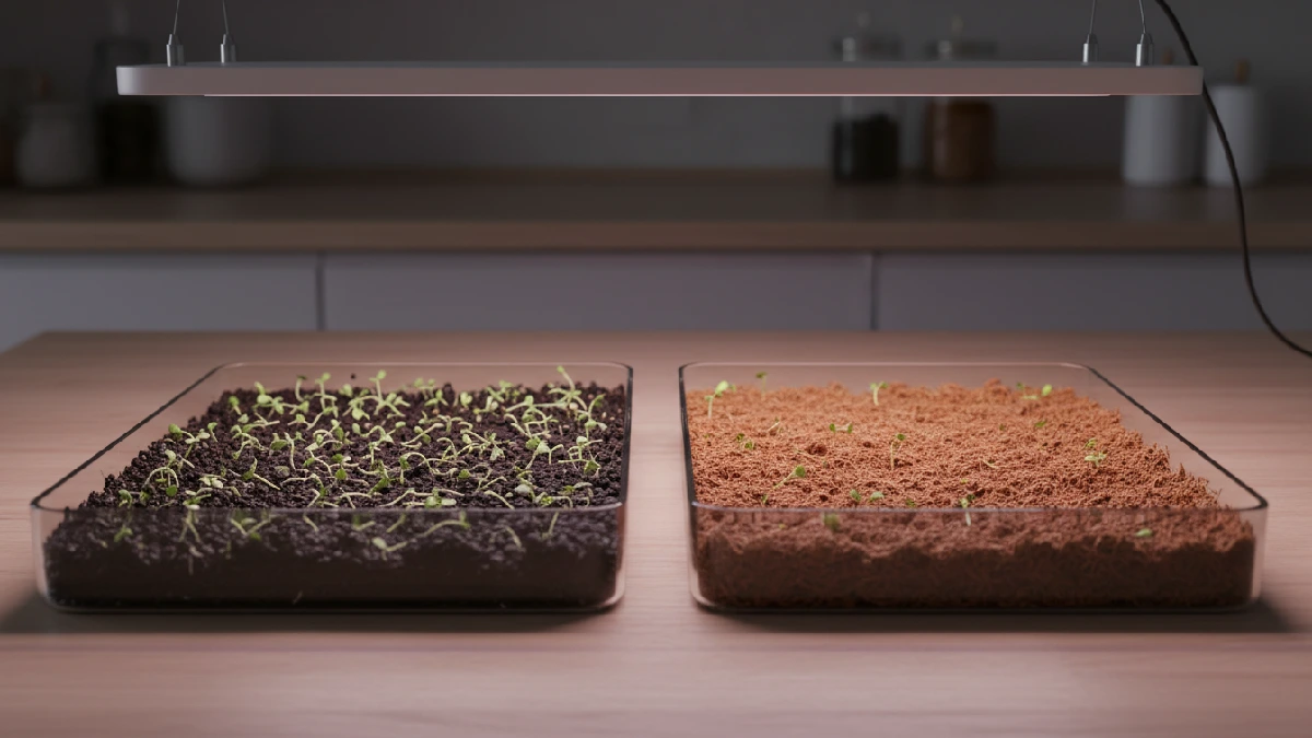 Shallow trays showing organic potting soil and cocopeat as growing mediums with tiny microgreen seeds sprouting, under soft indoor LED light, illustrating beginner-friendly indoor gardening. 