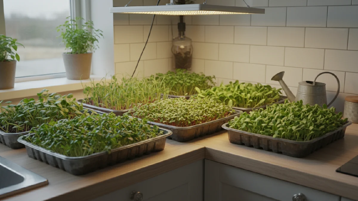 Shallow trays of beginner-friendly microgreens, such as broccoli, radish, pea shoots, and sunflower, growing indoors, showing fresh green leaves, tender stems, easy care, and quick harvest for new gardeners. 