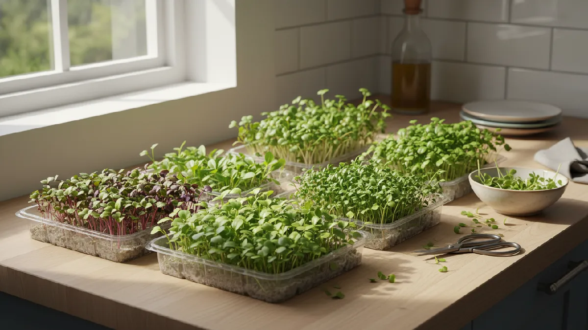Fast-growing microgreens including radish, mustard, broccoli, and cress sprouting in shallow indoor trays, showing early green shoots ready for harvest within ten days in a simple home setup. 