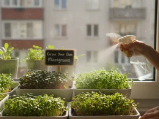Beginner using shallow trays and a spray bottle on a sunny windowsill to Grow Your Own Microgreens indoors with fresh green leaves and a simple home setup.