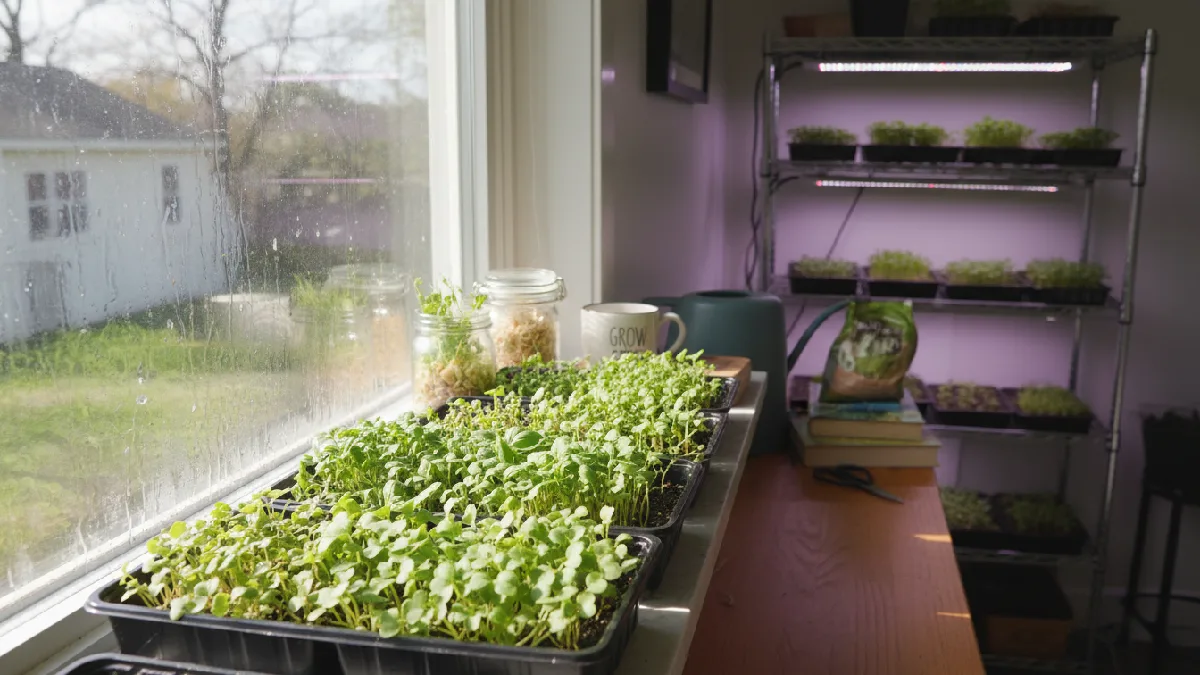 Indoor microgreens growing year-round on a windowsill and under LED lights, showing dense, small green shoots in shallow trays ready for harvest. 