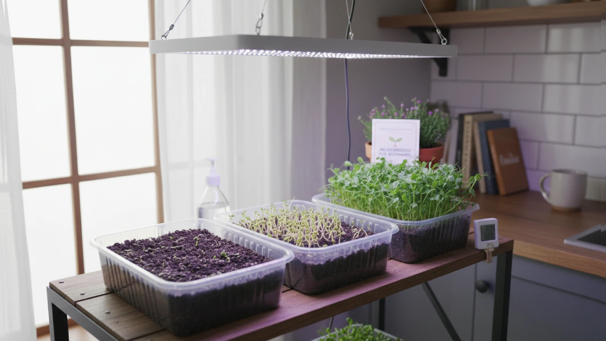 Complete beginner guide to growing microgreens indoors using shallow trays, soil, gentle misting, natural sunlight or LED lights, and harvesting fresh, nutrient-rich microgreens at home. 