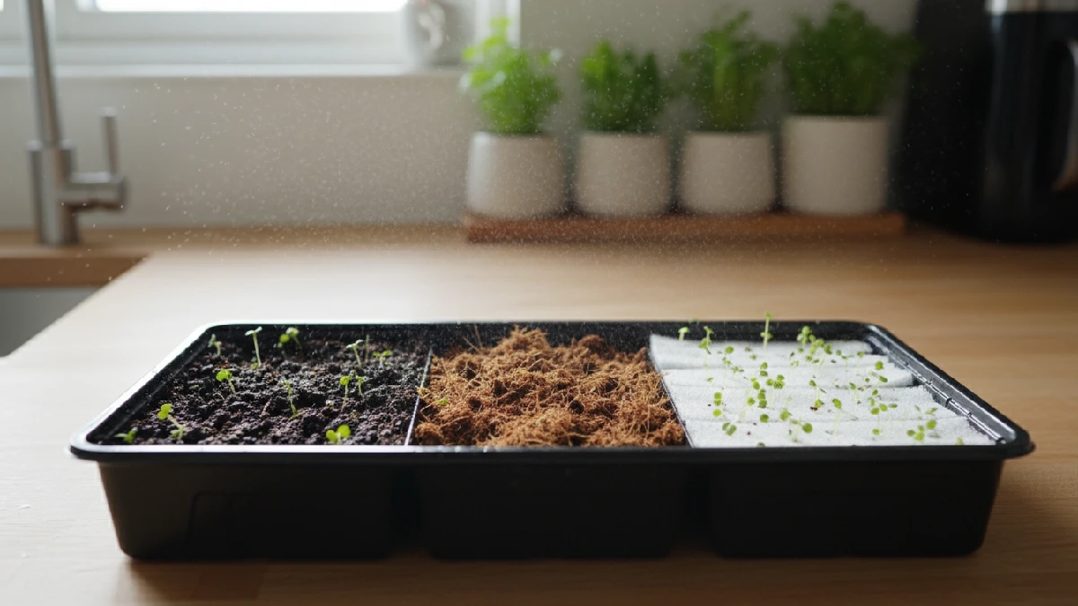 Tray showing soil, cocopeat, and hydroponic mats with tiny microgreens sprouting; water spray mist visible; clean, beginner-friendly indoor kitchen setup for easy growth.