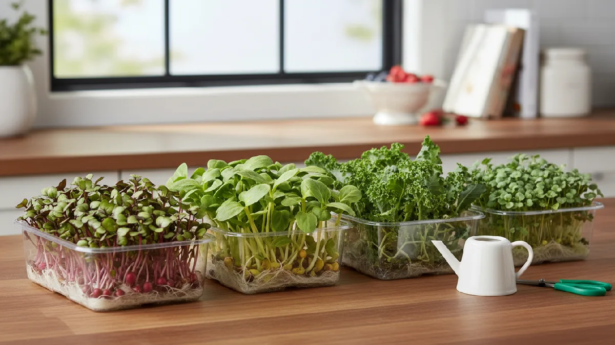 Various microgreens including radish, sunflower, kale, and broccoli growing indoors in small trays, showing differences in leaf size, color, and growth speed to help beginners choose the best type.