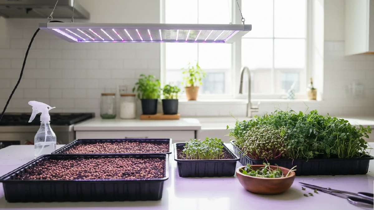 Step-by-step microgreens growing process indoors showing trays with soil, seeds, misting spray bottle, grow lights, and fresh green shoots ready for harvest in a home kitchen setup. 