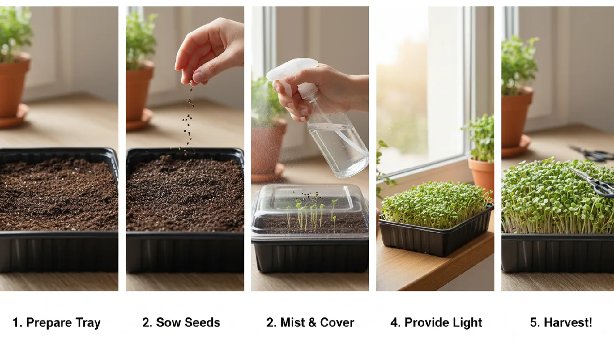Step by step process of growing microgreens at home showing tray preparation, seed sowing, watering, light exposure, daily care, and fresh microgreens ready for harvest indoors. 