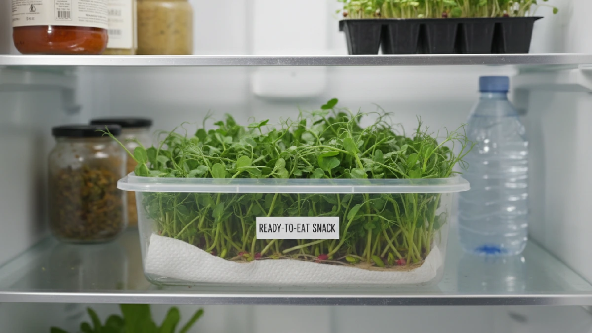 Fresh microgreens stored in an airtight container with a paper towel in the fridge, leaves crisp and vibrant, ready for snacking or adding to meals. 