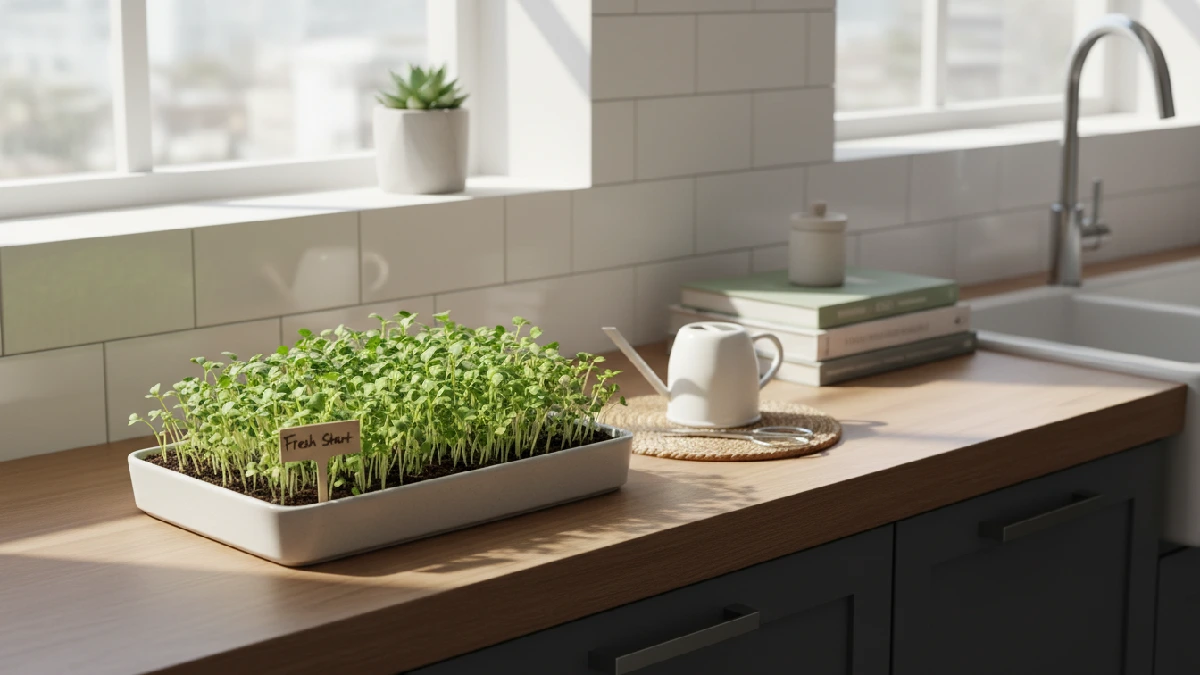 Fresh microgreens growing indoors in a small tray placed on a sunny kitchen windowsill, showing bright green leaves and a simple beginner-friendly home gardening setup. 