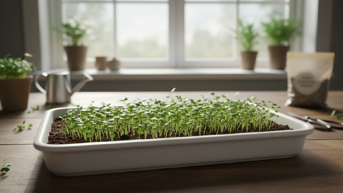 A shallow tray of young microgreens sprouts growing indoors, tiny green leaves pushing through soil with sunlight, perfect for beginners starting home microgreens gardening.