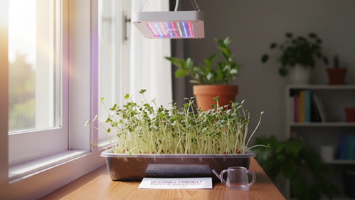 Microgreens tray with thin, elongated stems stretching toward sunlight, some healthy leaves, being cared for with LED light and daily misting for proper growth. 