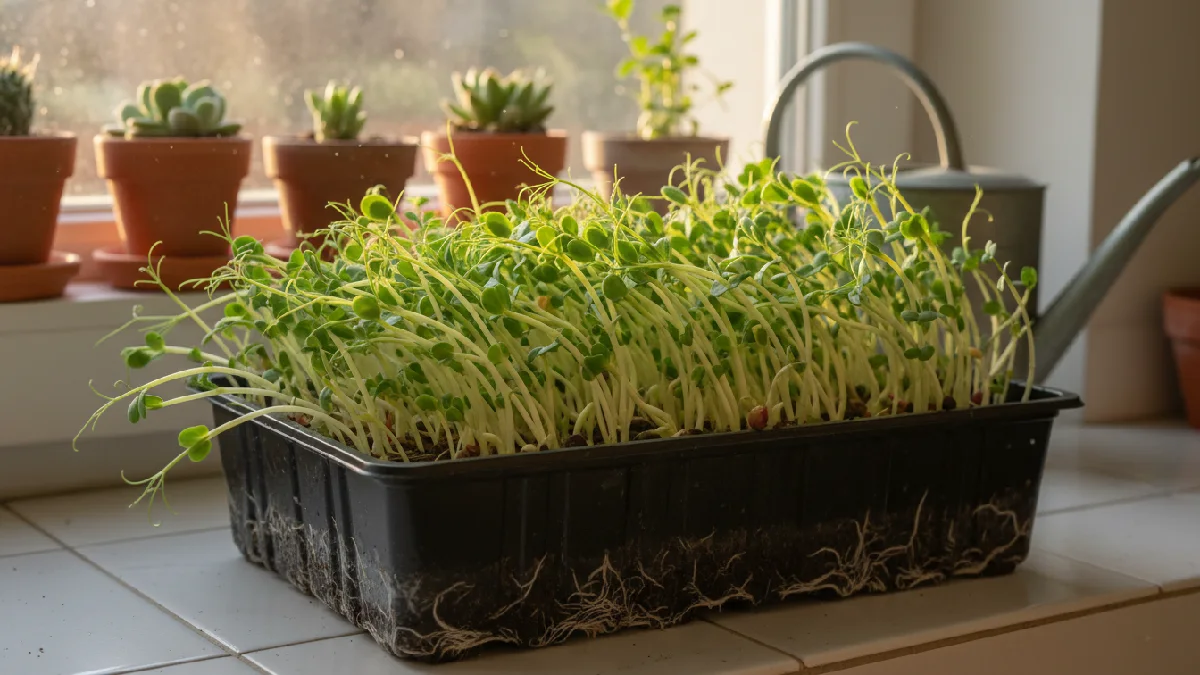 Grow Microgreens with proper light: microgreens showing long weak stems leaning toward sunlight, tray on a windowsill, demonstrating how to prevent leggy growth at home.